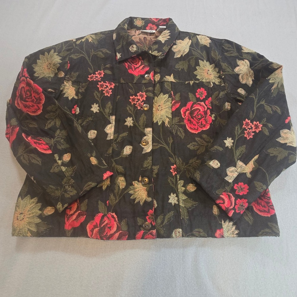 Chicos Design Tapestry Jacket Womens 3 XL Black Red‎ Floral Rose Jacquard Button